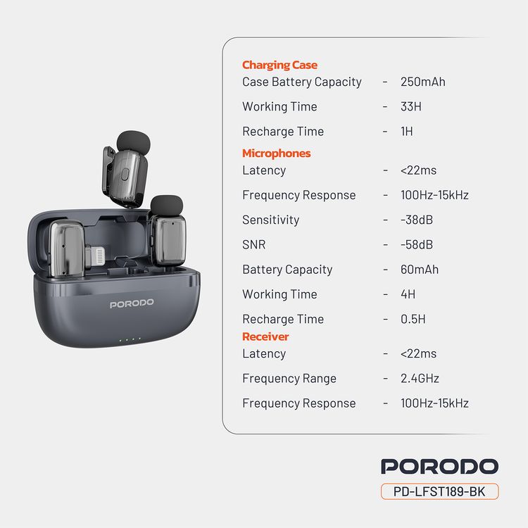 Porodo Wireless Lavalier Microphones with Lightning Connector, Noise Reduction, 33 Hours Working Time with Charging Case, 250mAh Case Battery Capacity, <22ms Latency, Plug & Play - Black