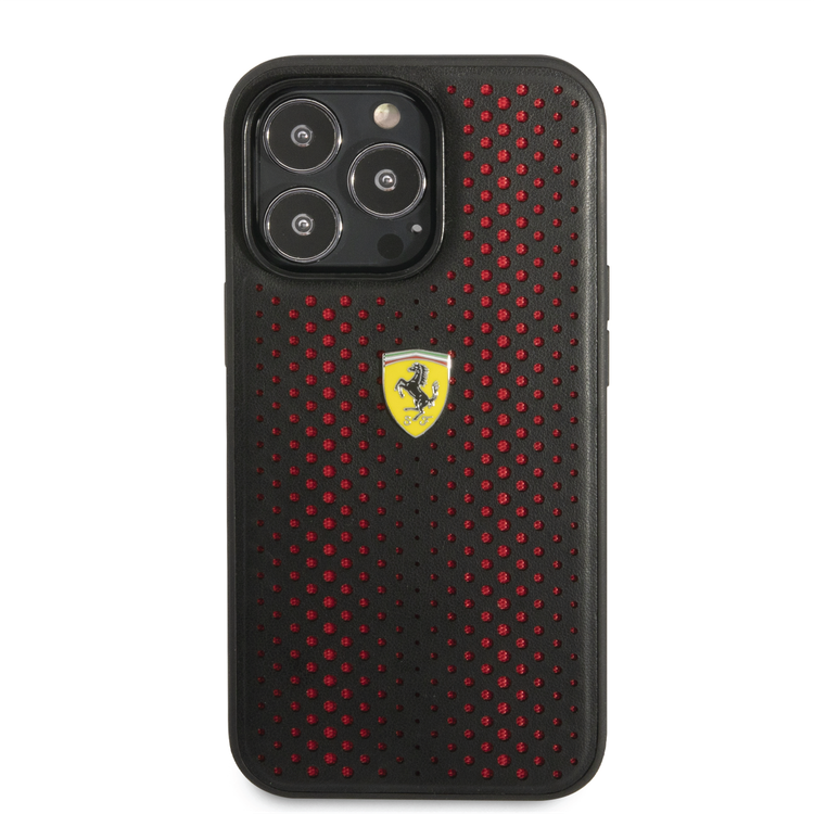Ferrari PU Leather Perforated Case with Nylon Base & Yellow Shield Logo iPhone 14 Pro Compatibility - Red