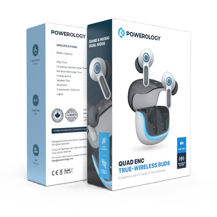 سماعات أذن لاسلكية Powerology Quad Mic ENC True، وقت تشغيل يصل إلى 6 ساعات، بلوتوث 5.3، شحن من النوع C، مسافة نقل 10 أمتار، أضواء RGB - أبيض