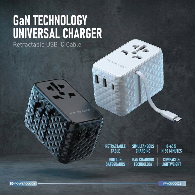 Powerology GaN 20W PD Universal Adapter with Retractable Type-C Cable, Simultaneous Charging, Includes Spare Fuse, Built-In Safeguard - Black