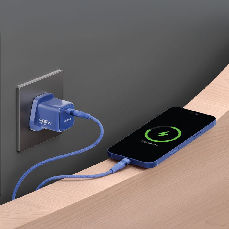 Porodo Tezorenzza USB-C Wall Adapter, Anti-Flame PC Material, GaN Technology, Fast Charge Support, 45W Power Delivery, Universal Compatibility, AC 110-240V Rated Voltage - Blue