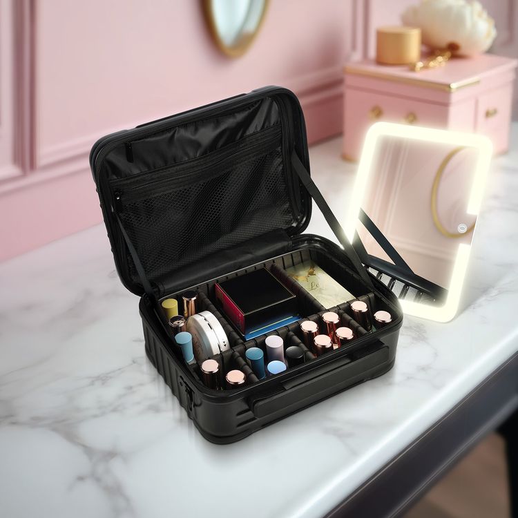 Porodo Lifestyle Travel Makeup Bag with Detachable 12-inch LED Mirror, 3 Light Modes, Multiple Compartments, 51 LED Beads, 3000mAh Battery Capacity, 6000~6500K Color Temperature, USB-C Charging Interface, ABS Material - Black