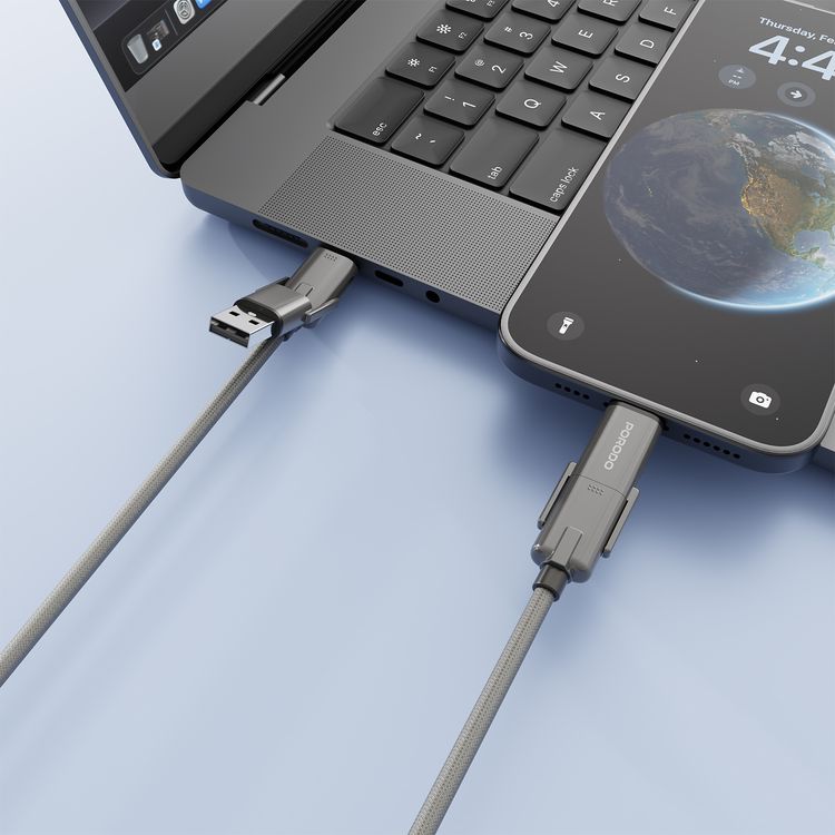 Porodo كابل شحن مضفر عالي السرعة 4 في 1 مع مداخل USB-C وUSB-A، ومخرجات Lightning وType-C، خرج USB-C إلى USB-C بقوة 240 واط، متوافق مع جميع الأجهزة - أسود