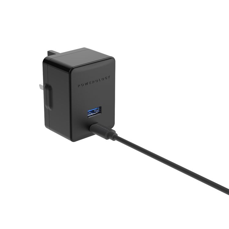 Powerology Ultra-Quick PD Charger with USB-A to USB-C Cable, Simultaneous Charging, 36W Total Output, UK 3-Pin Plug, 0%-60% Charge in 35 Minutes, Fast Charging Support, PowerDash 3.0 - Black