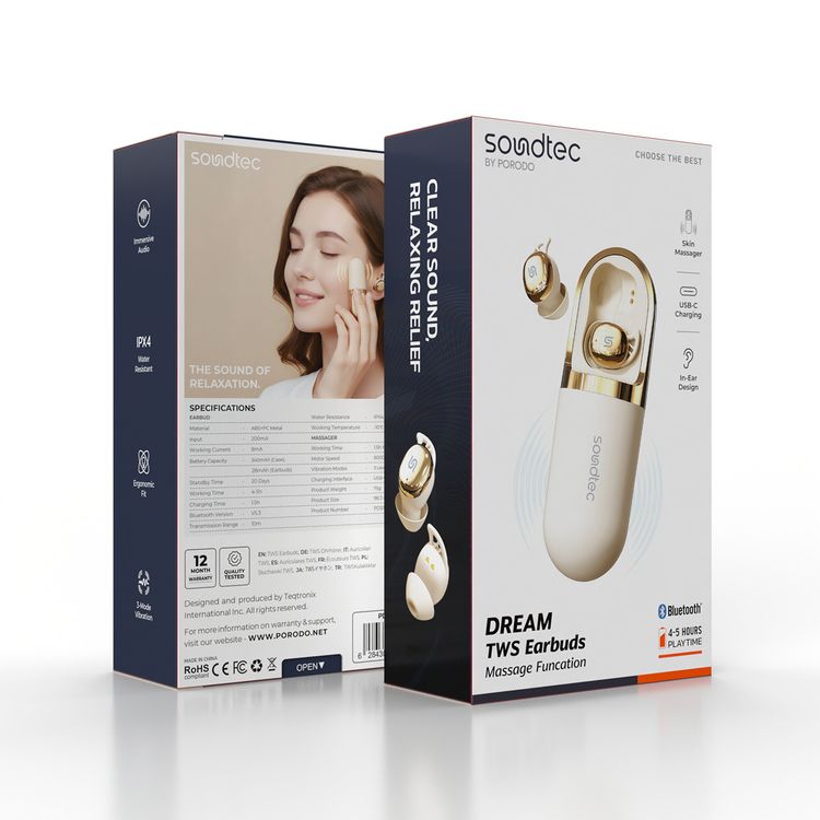 سماعات بورودو ساوند تيك دريم TWS مع جهاز تدليك للبشرة، واجهة شحن USB-C، تصميم داخل الأذن، صوت غامر، مستوى مقاومة الماء IPX4، ملاءمة مريحة، 3 أوضاع للاهتزاز، 4-5 ساعات من وقت تشغيل السماعات، 1.5 ساعة من وقت عمل جهاز التدليك، إصدار بلوتوث 5.3، سرعة محرك جهاز التدليك 8000 دورة في الدقيقة - لون بيج.