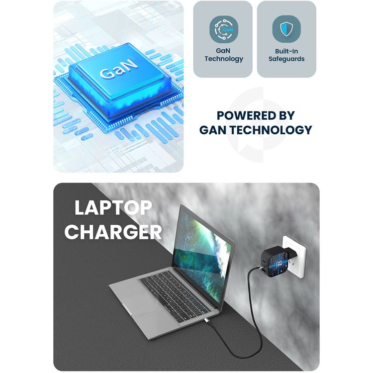 Powerology GaN Ultimate EU Dual PD Charger with 65W Power Delivery, 0%-60% Charge in 35 Minutes, 36W USB-A Output, Simultaneous Charging, Built-in Safeguards - Black