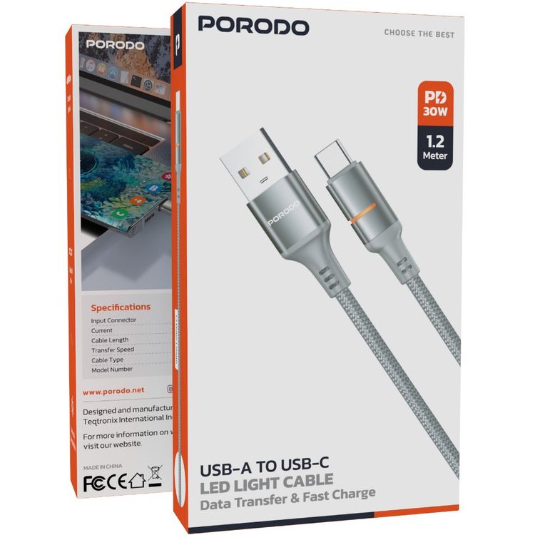 Porodo USB-A to USB-C LED Light Cable with 2.4A Current, 480Mbps Transfer Speed, 1.2m Cable Length, Fast Charging & Data Transfer, Braided Wire - Gray