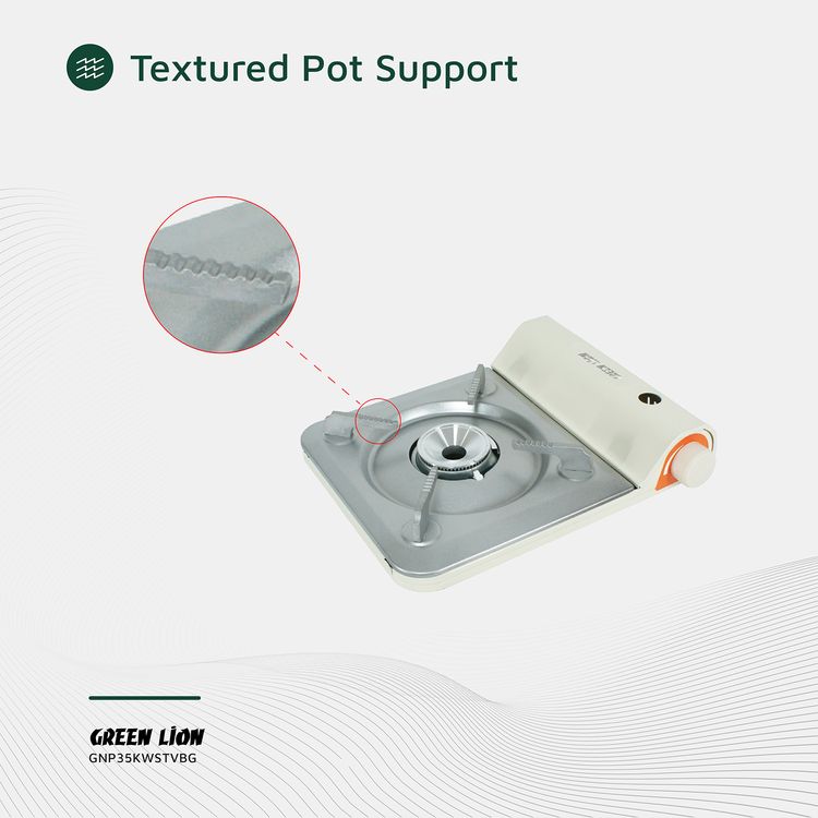 اجاق گاز در فضای باز قابل حمل شیر سبز 3.5 کیلووات، آهن + آلومینیوم + مواد PP، نوع گاز بوتان، جرقه زنی الکترونیکی، خاموش شدن ایمنی، کنترل شعله - بژ