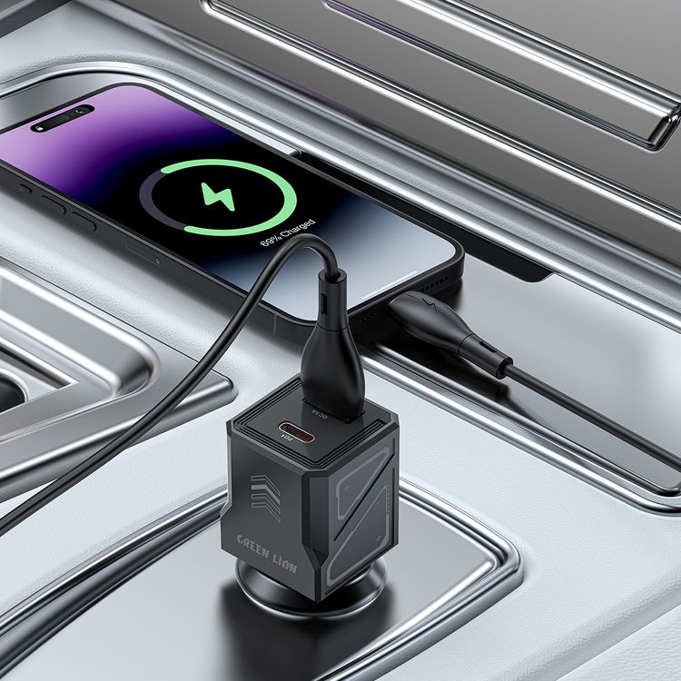 Green Lion Dual Volt Car Charger with PD 30W, QC 30W, USB-A & USB-C Ports, 60W Total Output, Heat Dissipation, Charging Protection - Gray