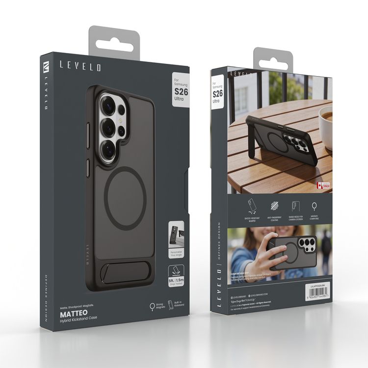 Levelo Matteo Hybrid Kickstand Case for Samsung S26 Ultra, Anti-Fingerprint Coating, Raised Bezels for Camera & Screen, Shock-Resistant Bumper, Drop Protection - Black