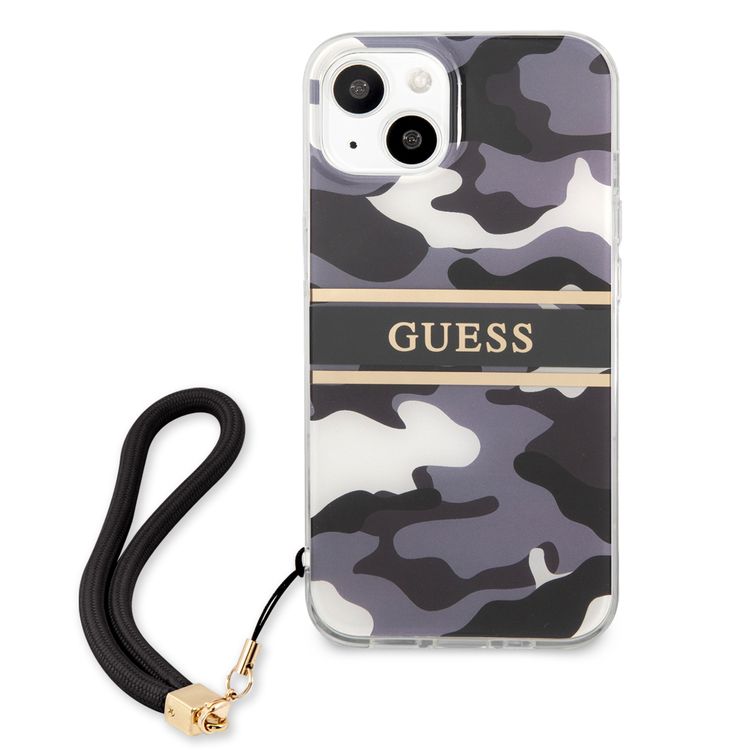 CG MOBILE Guess PC/TPU Case Camo Design & Stripe with Anti-Lost Nylon Strap for iPhone 13 (6.1") Back Cover Suitable with Wireless Chargers Officially Licensed Black