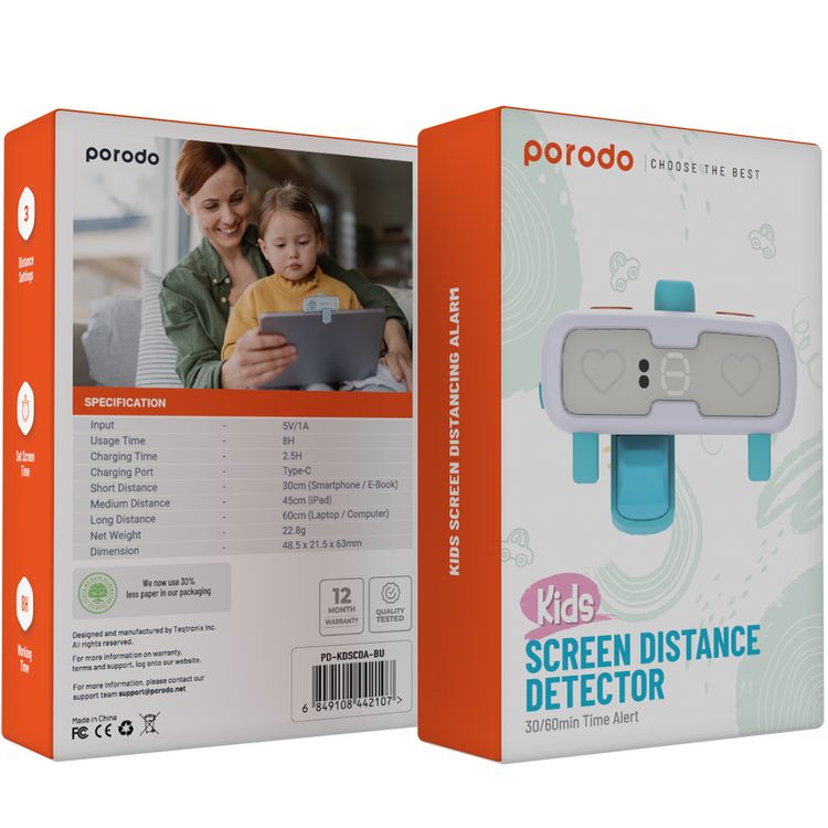 Porodo Kids Smart Screen Distancing Alarm with 8 Hours Working Time, 3 Distance Settings, Up to 60cm Range, 30-60 Minutes Time Alert, Adjustable Screen Time - Blue