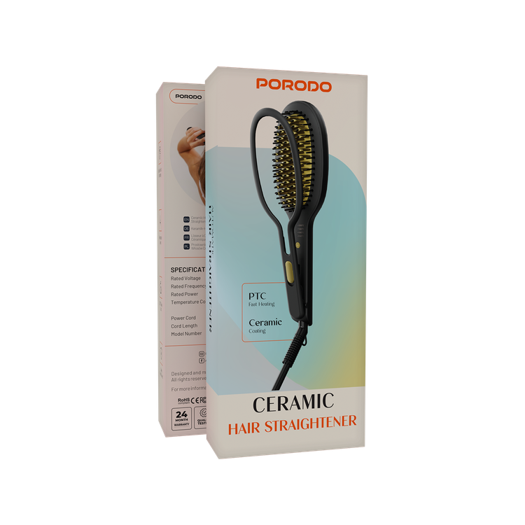 بورودو مكواة فرد الشعر السيراميكية مع 4 إعدادات لدرجة الحرارة قابلة للتعديل، طاقة 70 واط، تسخين سريع PTC، إيقاف تلقائي للأمان، سلك دوار 360°، قابس بريطاني 1.8 متر بثلاثة رؤوس - أسود / ذهبي