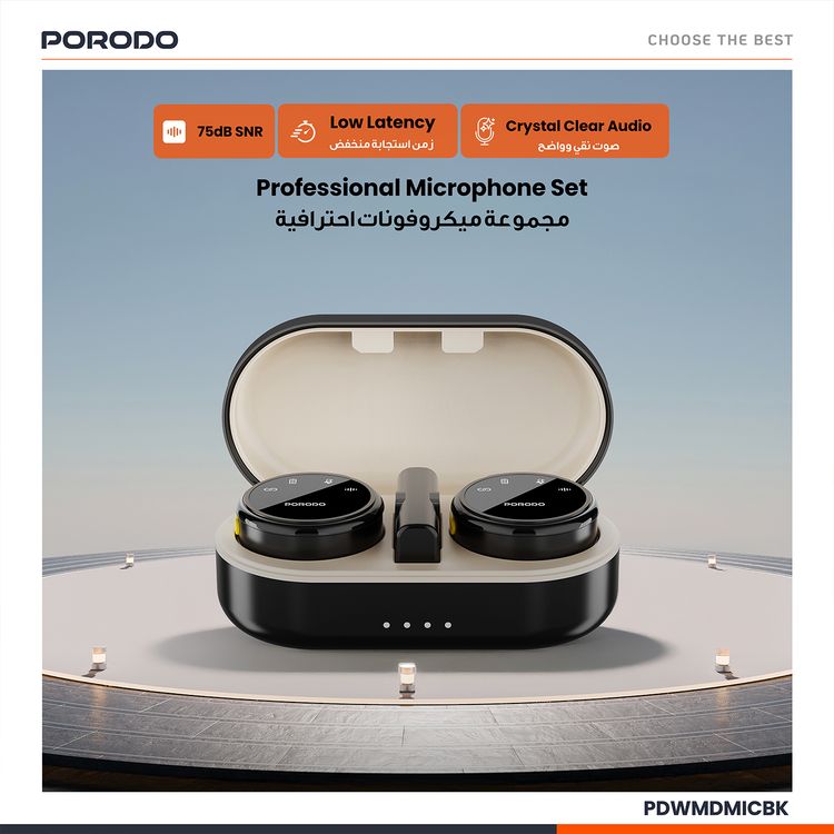 Porodo Lavalier Wireless Dual Microphone with Charging Case, Up to 24 Hours Working Time, ≤20ms Microphones Latency, 2.4GHz Digital Microphone Frequency, 600mAh Case Battery Capacity, Type-C Connector with Lightning Adapter, Plug & Play, Magnetic Clips, Low Latency, Crystal Clear Audio - Black