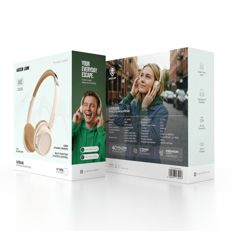 Green Lion Urban Wireless Headphone with 47 Hours Play Time, 40mm Dynamic Drivers, Multi-Function Joystick Control, Crystal-Clear Audio, Adjustable Fit Headband, All-Day Comfort Fit, Type-C Charging, ANC Hybrid Active Noise Cancelling, High-Fidelity Audio, Clear Voice Calling - Beige