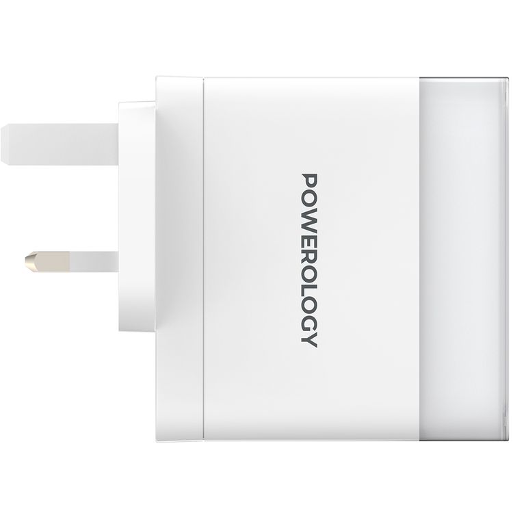 Powerology Lunex Series 3-Port Fast Charging Adapter with 100W PD USB-C Output, 18W QC USB-A Output, Multi-Device Charging, Powerful Laptop Charging, Universal Protocol Support - White