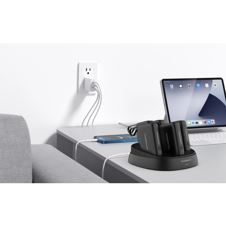 Powerology 5 x 10000mAh Power Bank Station with 50W PD, USB-A, USB-C, Type-C Built-in Cable, 12V/1A Max Contact Input, Rapid Recharging Station, High-Density Batteries, Type-C Built-in Cable, 5V/3A Total Output, Built-in Safeguards - Black