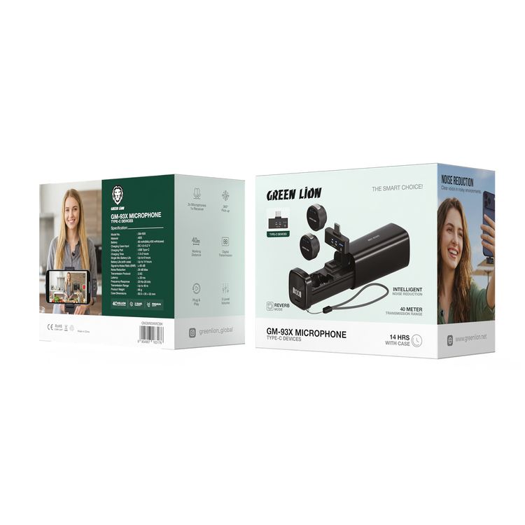 Green Lion GM-93X Microphone Compatible with Type-C Devices, 360° Pick up, Digital Transmission, 3-Level Volume, Plug & Play, 40m Working Distance, 2× Microphones, 1× Receiver, Reverb Mode, Up to 14 Hours Working Time with Case, Intelligent Noise Reduction, 1.5–2 Hours Charging Time - Black