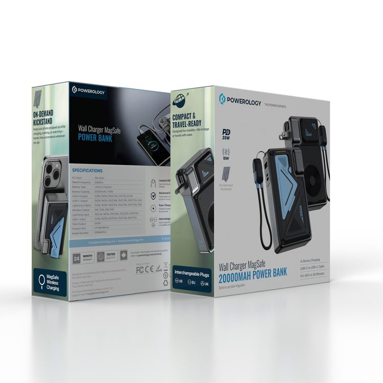 Powerology 20000mAh MagSafe Power Bank with Wall Charger, PD 35W, 15W Wireless Charger, On-Demand Kickstand, Single USB-A & USB-C & Lightning Ports, US/ EU/ UK Interchangeable Plugs - Black