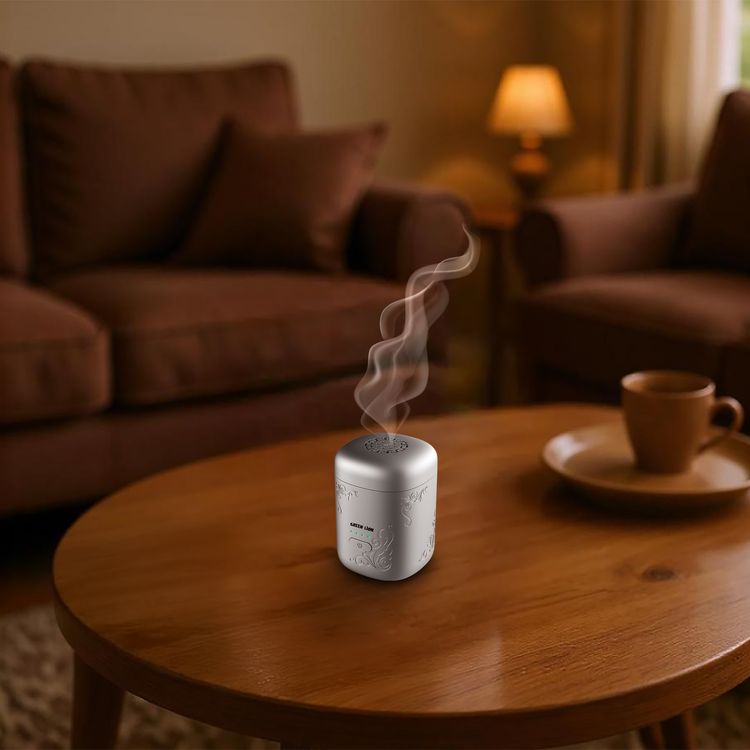 Green Lion Aseel Bakhour Burner with Aesthetic Appearance, 1400mAh Battery, 120 Seconds Single Burning Time, Auto-Off Function, Wide Area Coverage, LED Indicator, Safe & Non-Toxic - Silver