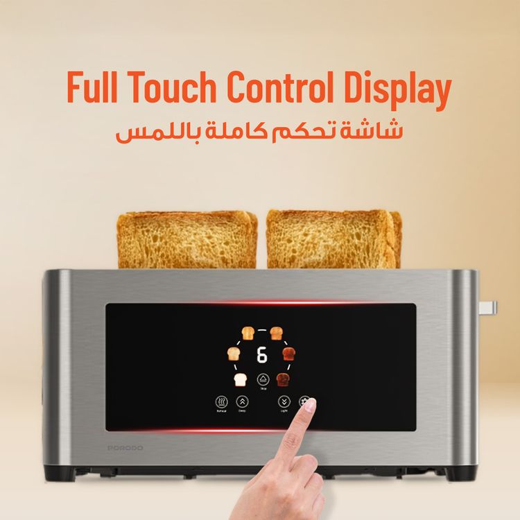 Porodo Lifestyle 4-Slice Bread Toaster with Touch Panel, 1140-1400W Rated Power, Stainless Steel 410 Material, 6 Browning Levels, 5 Functions, Removable Slide-Out Crumb Tray, Automatic Shut-Off - Silver 