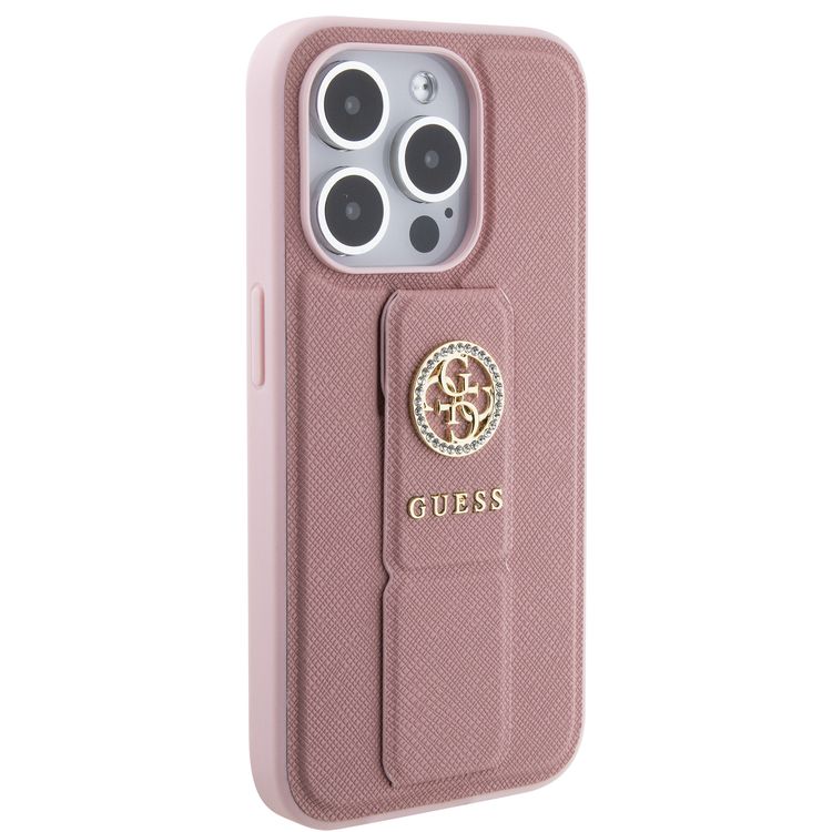 Guess Gripstand Saffiano Case with 4G Strass Metal Logo - Pink - iPhone 15 Pro
