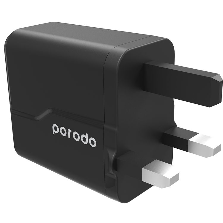 Porodo Dual Port Wall Charger with 20W Power Delivery, QC 18W, Fire Retardant Material, Overcurrent Protection, UK 3-Pin Plug, Built-in Protective Mechanisms - Black