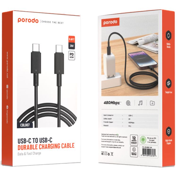 كابل بورودو من النوع C إلى C PVC بطول 3 متر، سرعة نقل 480 ميجابت في الثانية، PD 60 وات، عمر افتراضي يزيد عن 15000 ثنية، خالٍ من التشابك - أسود