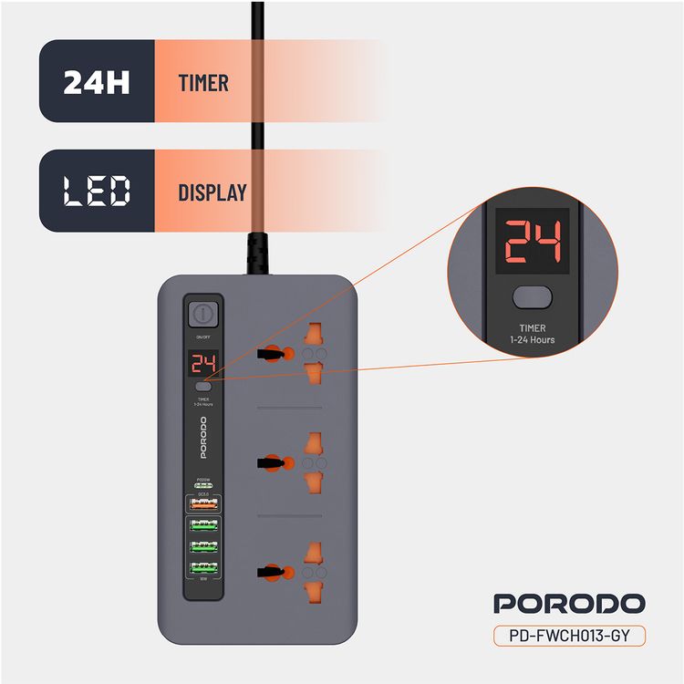 مجموعة بورودو المتكاملة للمنافذ المتعددة في المنزل والمكتب مع 4 منافذ USB-A و USB-C، بطول كابل 2 متر، حماية مدمجة، حماية من الحرارة الزائدة، شاشة LED - رمادي