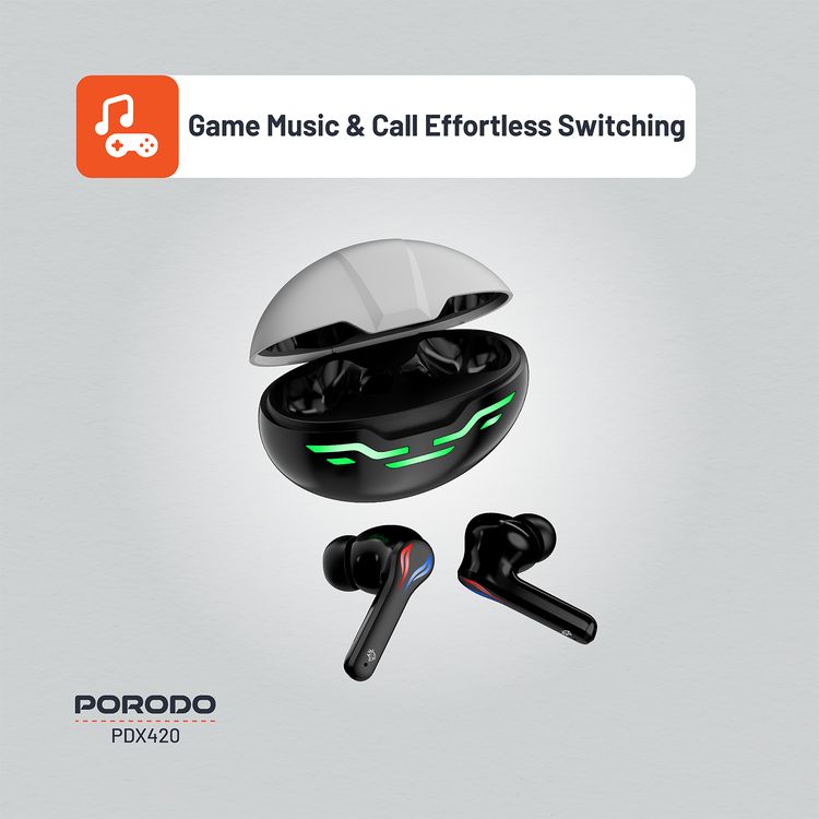 Porodo Gaming Ultra Low-Latency Gaming Earbuds, 5h Playtime, Bluetooth 5.4, ENC Support, RGB Breathing Lights, 200mAh Battery Capacity, 1000h Standby Time, Type-C Charging - Black  