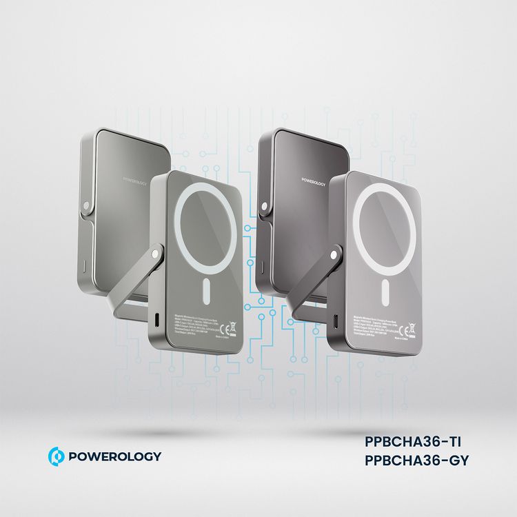 Powerology 10000mAh Magsafe Glass Surface Power Bank, Compact Design, Type-C & Wireless output, Integrated Stand, Aluminum Material, 20W Power Delivery, Cable-Free - Titanium 