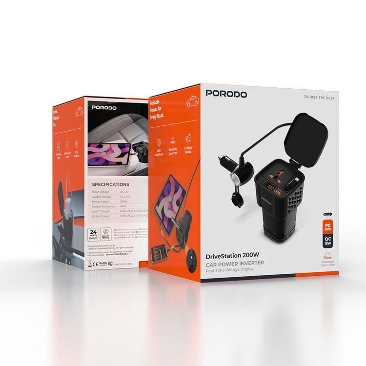 Porodo DriveStation 200W Car Power Inverter with Real-Time Voltage Display, Travel-Ready Design, Built-in Protections, 200W Power Output, 30W Power Delivery, Built-in Smart Cooling Fan - Black