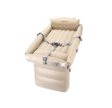Green Lion Inflatable Toddler Travel Bed with Built-in Pillow & Adjustable Belt, Portable Inflation Bed for Kids Up to 100 cm Height,  Air Mattress with Safe Sidewalls, Air Pump & Carry Bag Included, 50 kg Load Capacity, Non-Toxic Material, for Car, Airplane, Indoor, and Outdoor - Beige