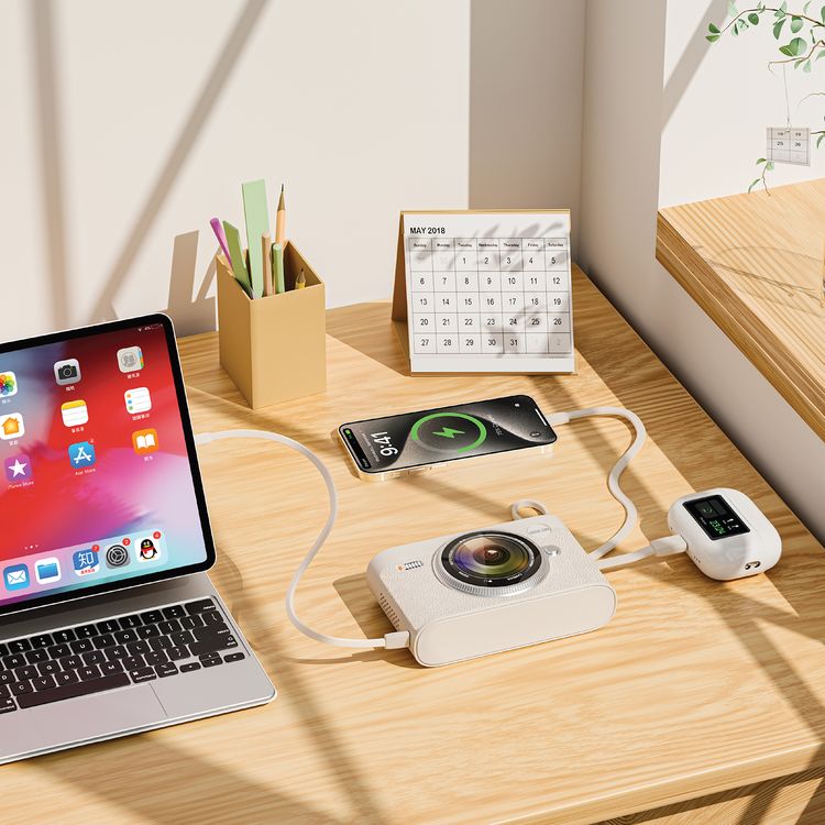 Green Lion All-in-1 10000mAh Power Bank with PD20W Fast Charging, 1.53" IPS Touchscreen, Built-in Speaker, Clear Mic Calls, Built-in Cables, 10 Hours Playtime - White