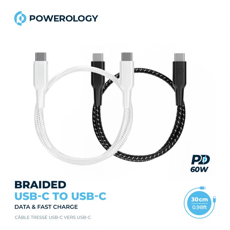باورولوجي كابل مضفر من USB-C إلى USB-C مع توصيل طاقة 60 واط، بطول 30 سم، متوافق عالميًا، شحن سريع ونقل بيانات - أبيض.