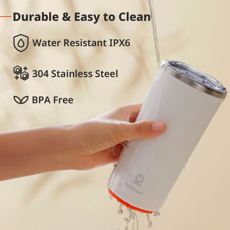 Porodo Lifestyle Auto-Stirring Insulated Mug with 400mL Capacity, Anti-Slip Base, 300mAh Battery Capacity, 120-Seconds Mixing Time with Auto-Stop - White