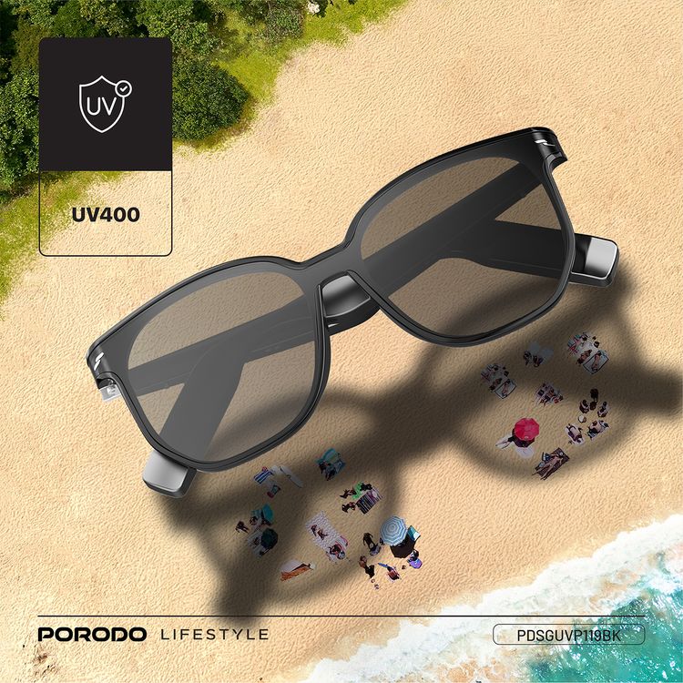 Porodo Lifestyle Optix Smart Glasses with Audio, Built-in Microphone, 6 Hours Playtime, Type-C Charging Interface, UV400 Protection, Bluetooth Version 5.3, 10m Transmission Range, 2x 110mAh Battery Capacity, Touch Control, Dual Stereo Speakers, Hi-Fi Sound Quality - Black