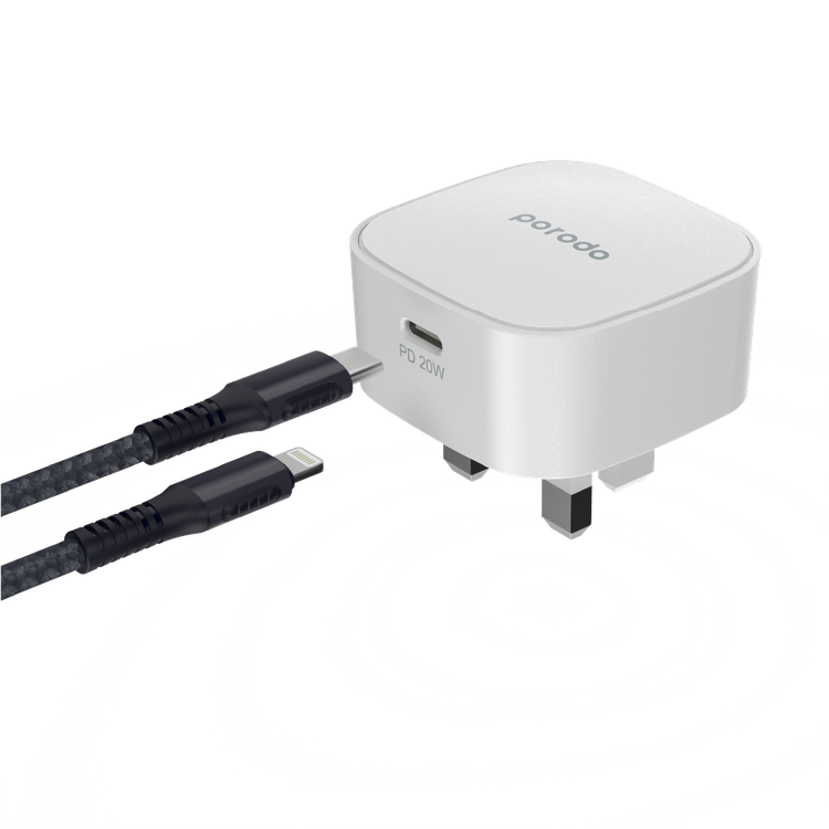 Porodo Super-Compact Fast Wall Charger UK with Braided Type-C to Lightning Cable - White