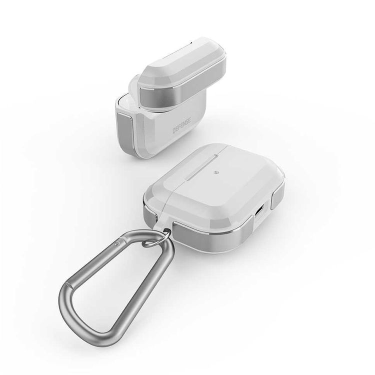 X-Doria Defense Trek Aluminum Bumper Case with Anti-Lost Carabiner & Loop Compatible for AirPods Pro - Sleek Design Cover - 360 Degree Protection - Charging Light Visible - Silver