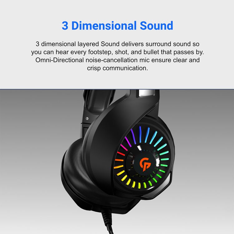 Porodo Gaming E-Sports High Definition Gaming Headphones with RGB Breathing Lights, 50mm Speaker Size, 25mW Rated Power, 3D Dimensional Sound, Omni-Directional Microphone - Black