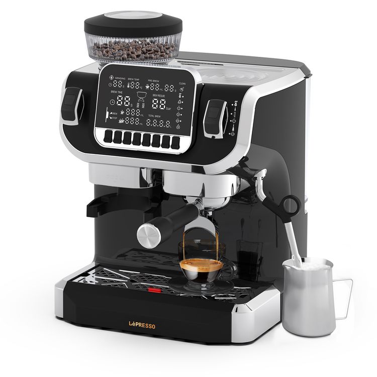 Lepresso Espresso Coffee Maker with Bean Grinder and LCD Display, Adjustable Grinder, Patented Design, Single Boiler Type - Black