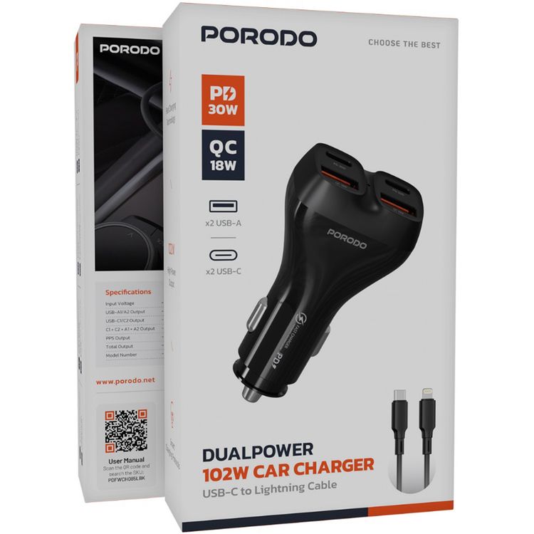 Porodo Dual Power Car Charger with USB-C to Lightning Cable, PD 30W, QC 18W, ×2 USB-A & ×2 USB-C Ports, 102W High Power Output, Fast Charging Technology, Smart Charging Protocols, Compact Design - Black