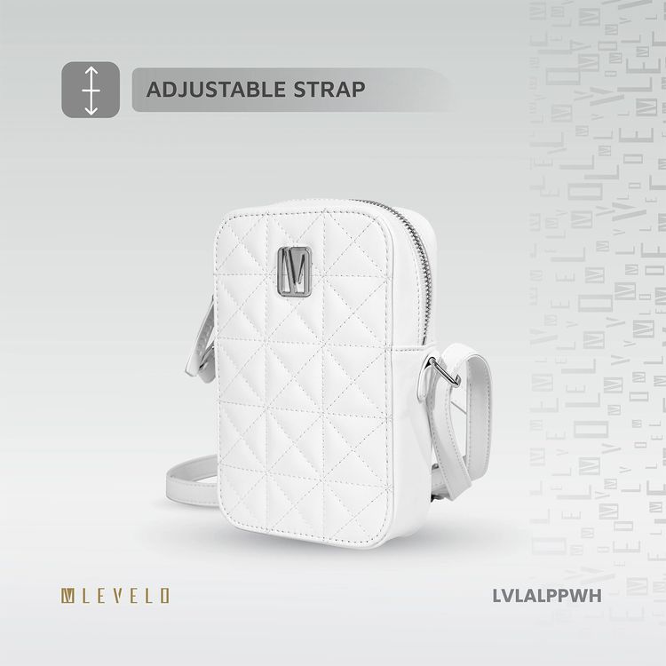 Levelo Albino Ladies Phone Pouch with Faux Leather Material, Adjustable Strap, Exquisite Safeguarding, Card & Coin Slot Included, Universal Phone Compatibility - White