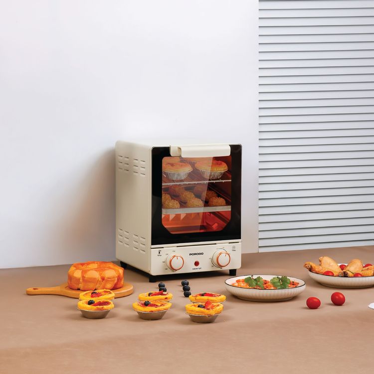 Porodo Lifestyle Temp Glass Mini Oven with Bake & Grill & Toast Functions, 15L Oven Capacity, Multiple Rack Layers, 0-60 Minutes Timer Setting, 70°C-250°C Temperature Range - White