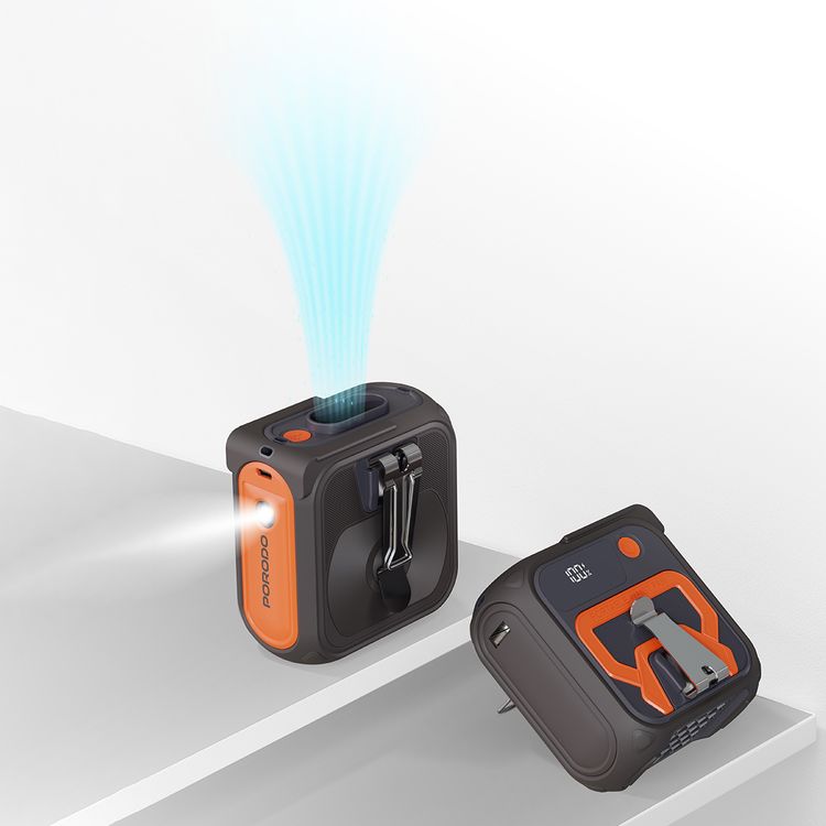 Porodo Lifestyle Multifunction Cooling Waist Fan with 10000mAh Power Bank, Flash Light, Powerful Wind, Digital Display, 5 Speed Levels, 40 Hours Working Time, 4 Hours Charging Time, Neck Strap - Orange / Brown