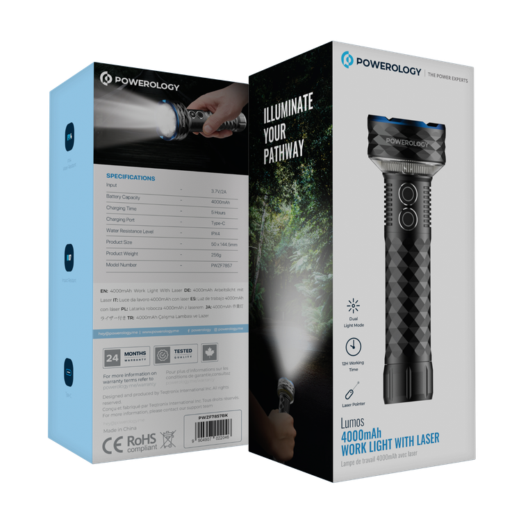 Powerology Lumos 4000mAh Work Light with Laser Pointer, 12 Hours Working Time, Dual Light Mode, IK07 Impact Resistance Level, IPX4 Water Resistance Level, Type-C Charging Port - Black