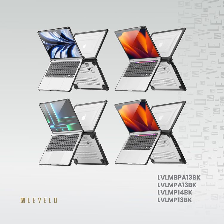Levelo Espectro Case for MacBook Air 13.6" (2022-2024), 360° Full Protection, Foldable Stand Design, Built-in Air Vents, Shock-Proof Edges, Easy Installation & Removal - Black