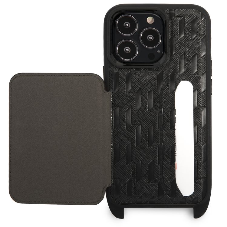Karl Lagerfeld HC Monogram Case with Card Holder & Ikonik Patch Logo, Compatible with iPhone 13 Pro Max - Black