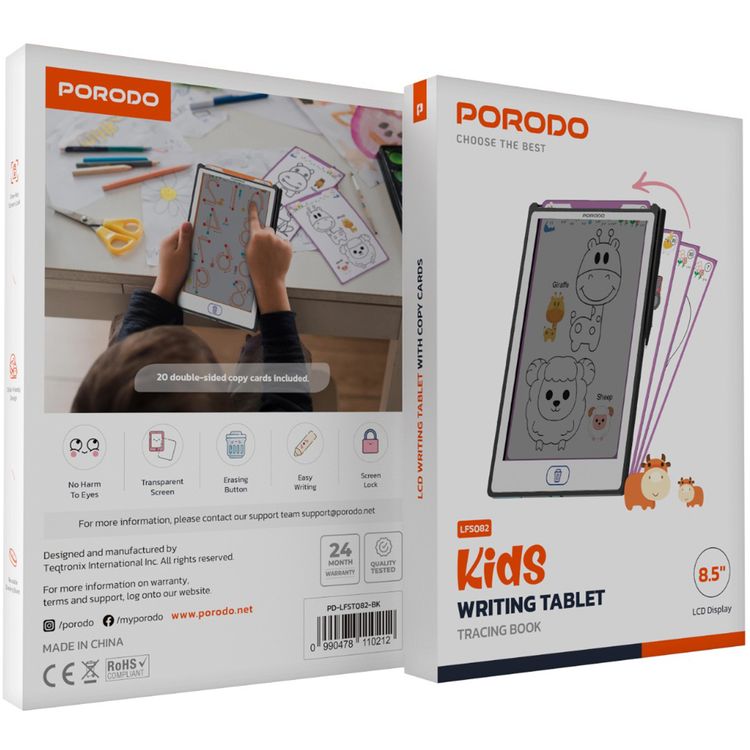 Porodo Kids LCD Writing Tablet with Copy Cards, 8.5" Transparent Screen, Erasing Button, One-Key Screen Lock - Black