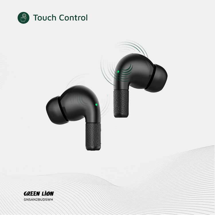 Green Lion Santorini 2 True Wireless Earbuds with Touch Controls, Up to 5 Hours Play Time, ABS Material, 2500 Hours Standby Time, 13mm Speaker Size, ENC Dual Microphones, High-Quality Sound, Voice Assistant - Black